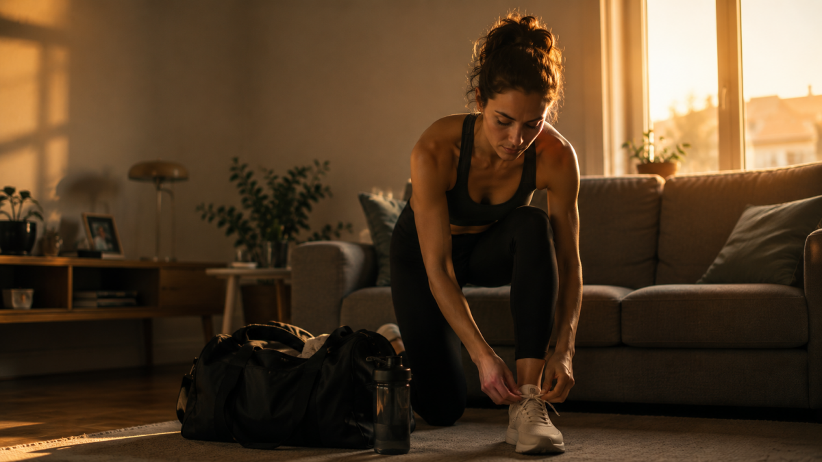 Persona sentada en el sofá dudando si entrenar, con bolsa de deporte al lado