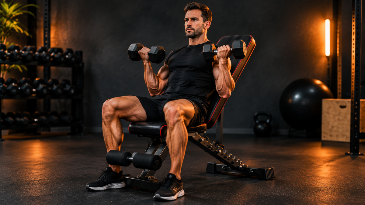 Hombre entrenando con mancuernas sentado en un banco de pesas plegable ajustable en casa
